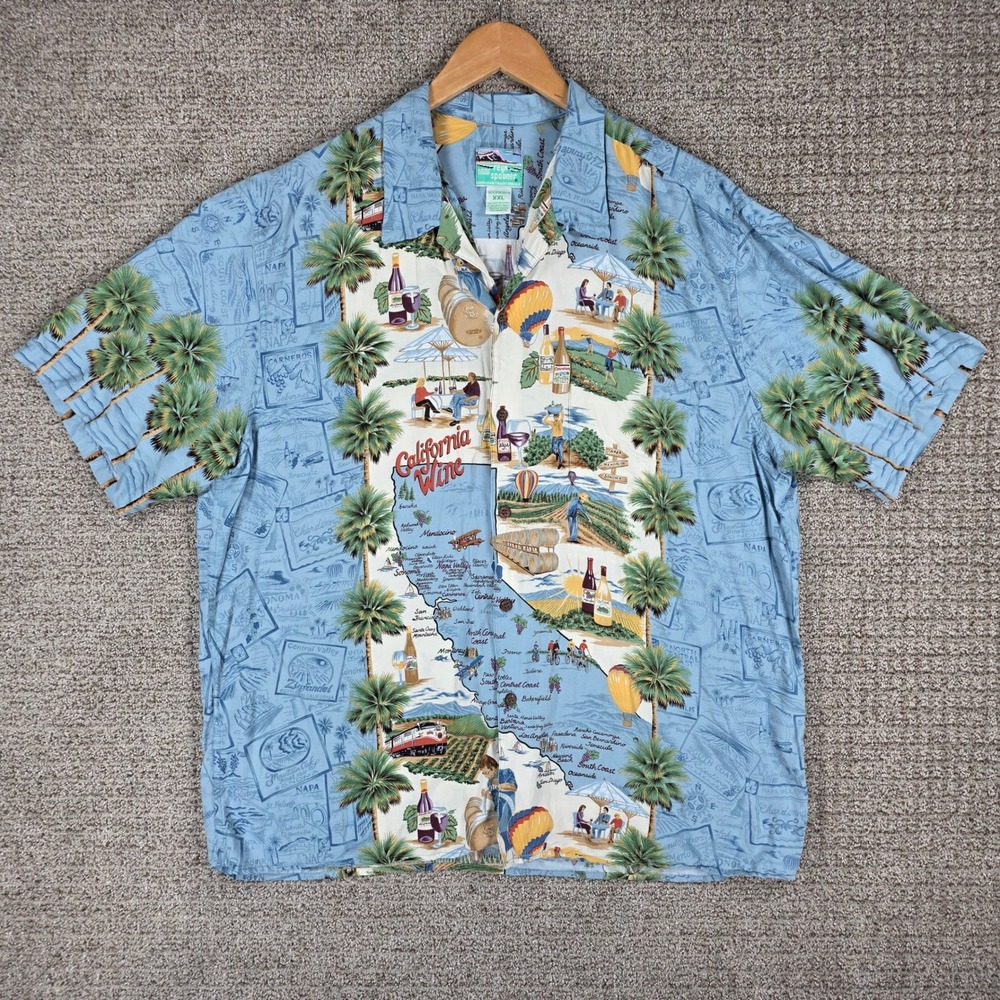Reyn Spooner California Wine Map Hawaiian Shirt XXL Blue Rayon Short Sleeve Mens